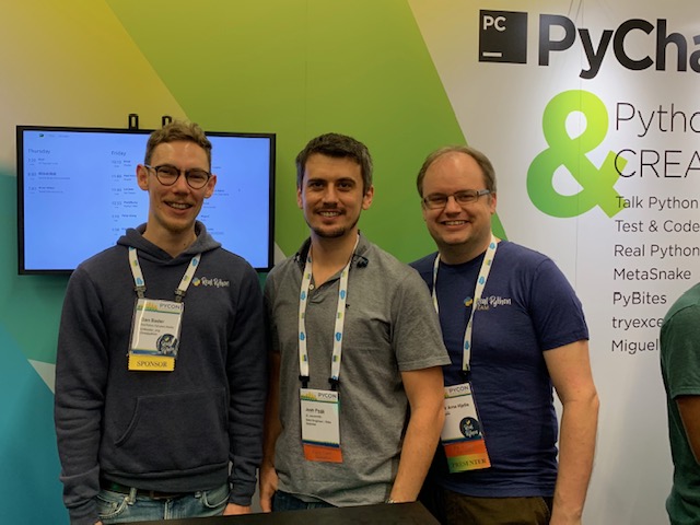 PyCon2019: Me with the Real Python team, Dan Bader and Geir Arne Hjelle